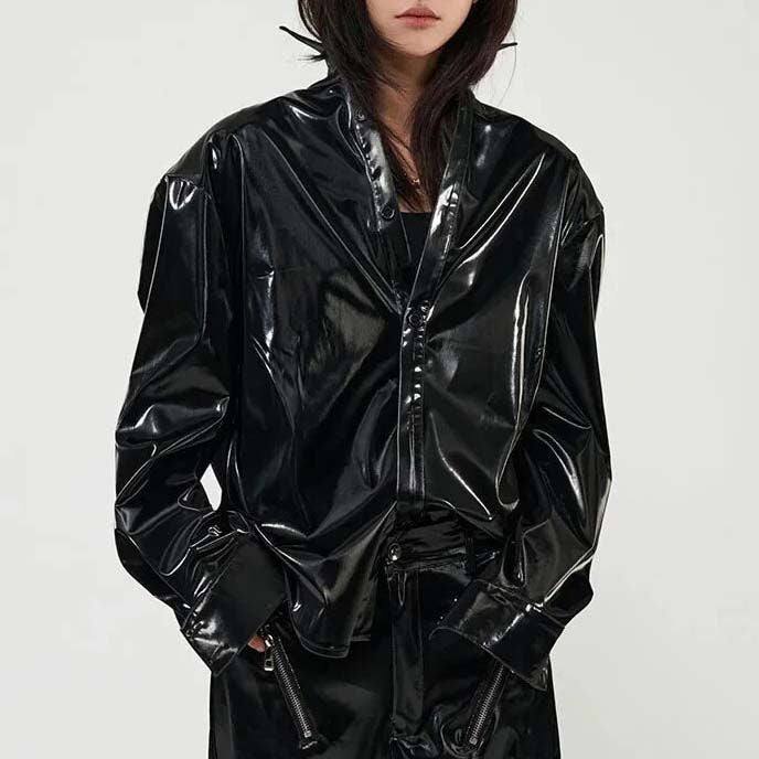 Fleece-Lined PU Leather Glossy Jacket