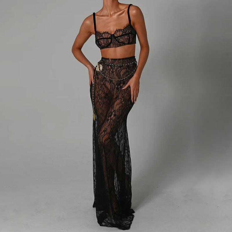 Elegant Lace Two-Piece Skirt Set - Sheath Crop Top with Maxi Skirt for Parties and Beach