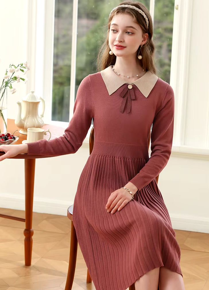 Winter Pleated A-Line Knit Dress with Bow Waist Fairycore Style