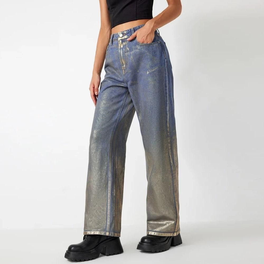 Colorblock Casual Denim Floor Length Trousers For Women