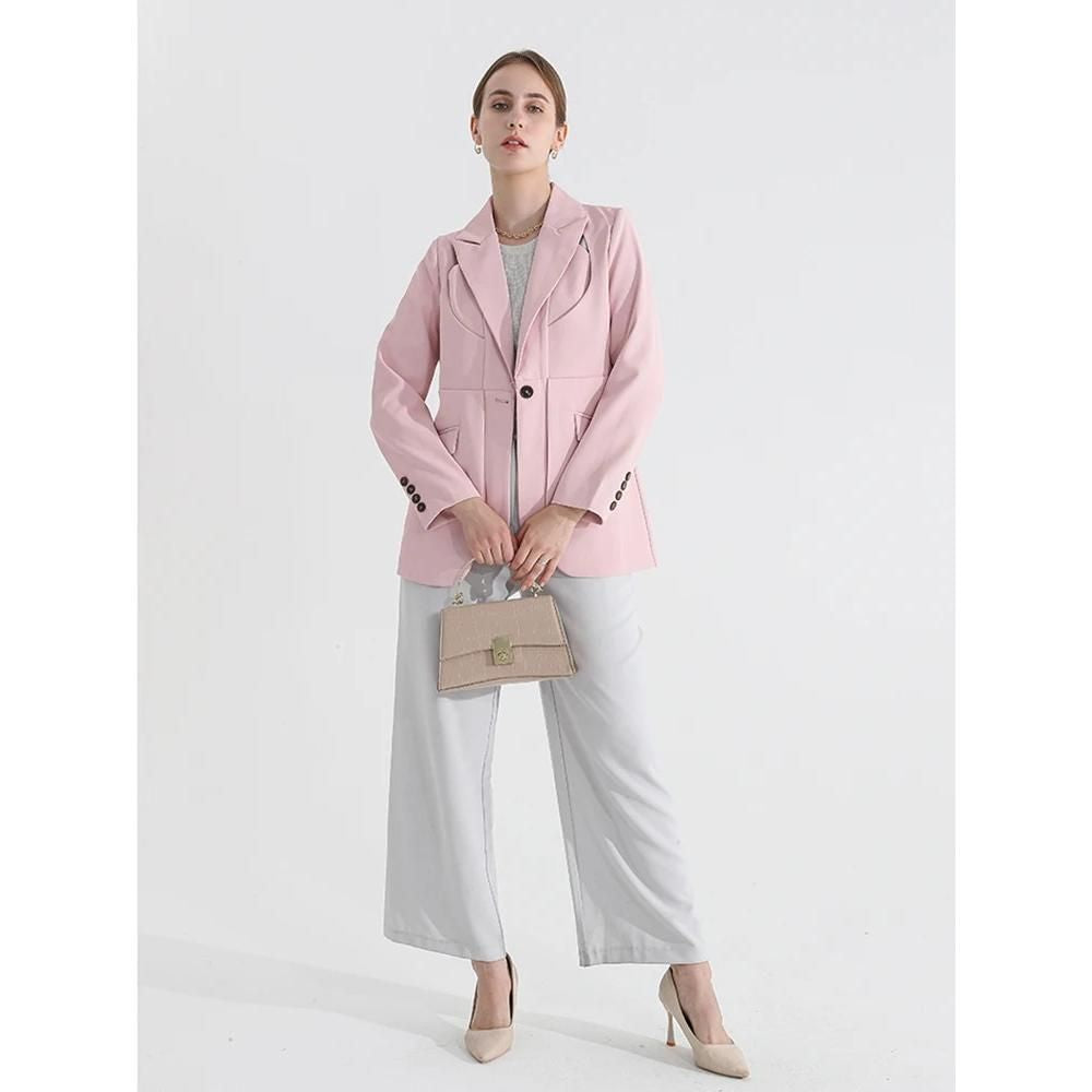 Women's Solid Color Blazer with Notched Collar and Unique Folds