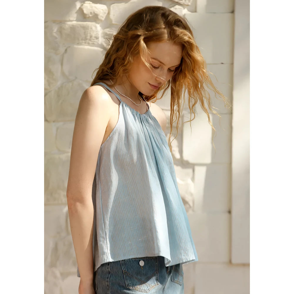 Vintage Blue Striped Linen Halter Crop Top