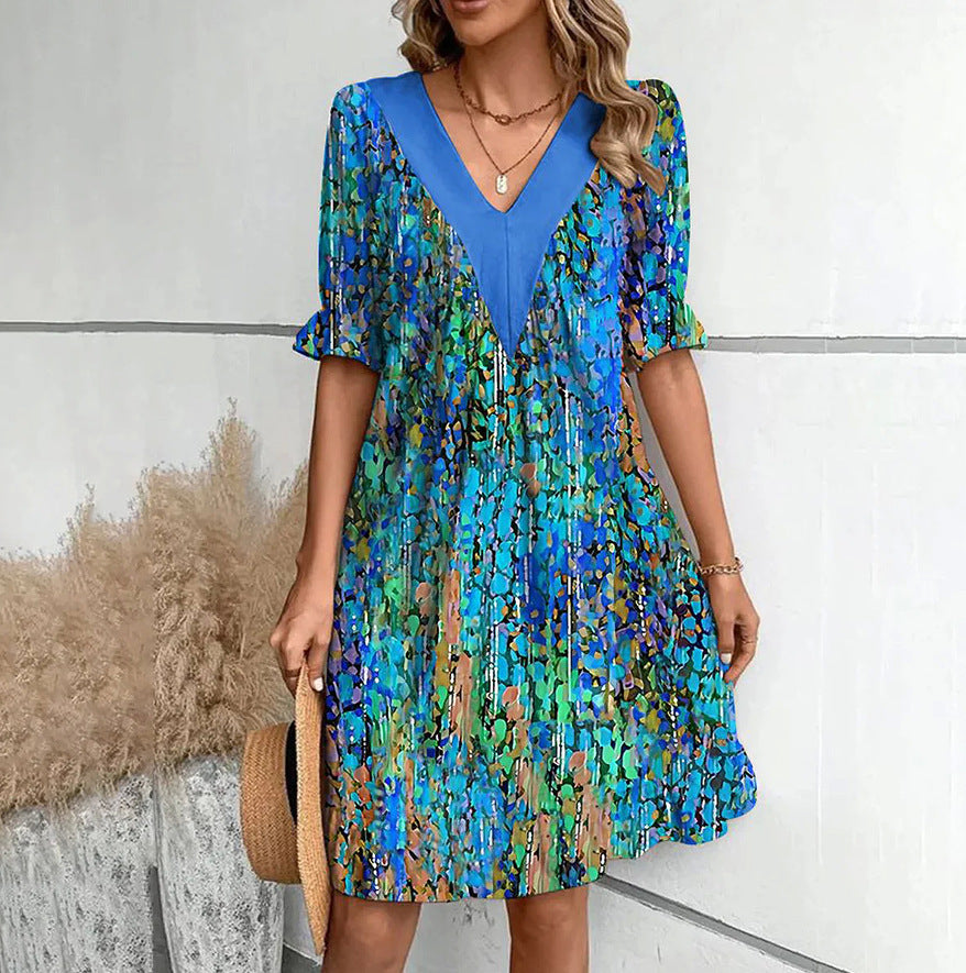 Fashion V-neck Loose Short Sleeve Dress