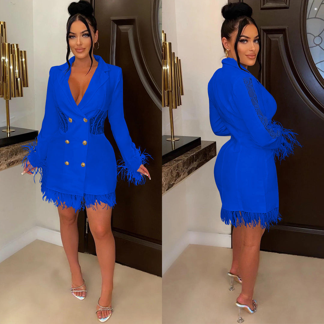 European And American Fashion Women's Wear V-neck Long Sleeve Double Breasted Tassel Hollow Dress