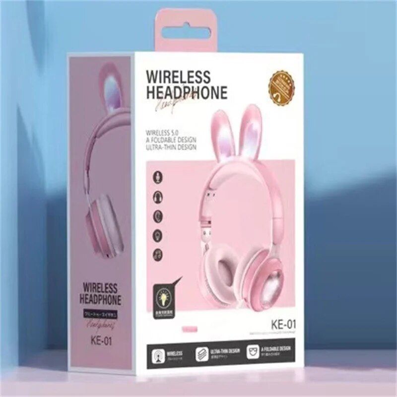 LED Bluetooth Rabbit Ear Headphones with Noise-Reduction Mic & TF Card Support