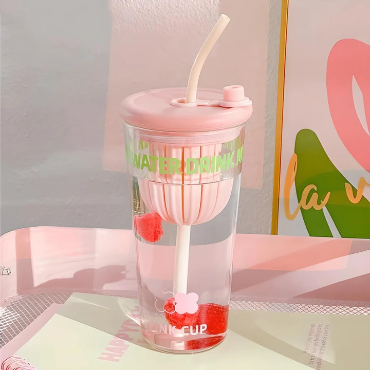 Cute Korean Glass Cup with Lid and Straw