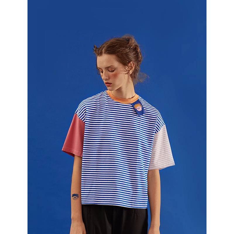 Summer Striped Loose-Fit T-Shirt with Cartoon Patch Detail