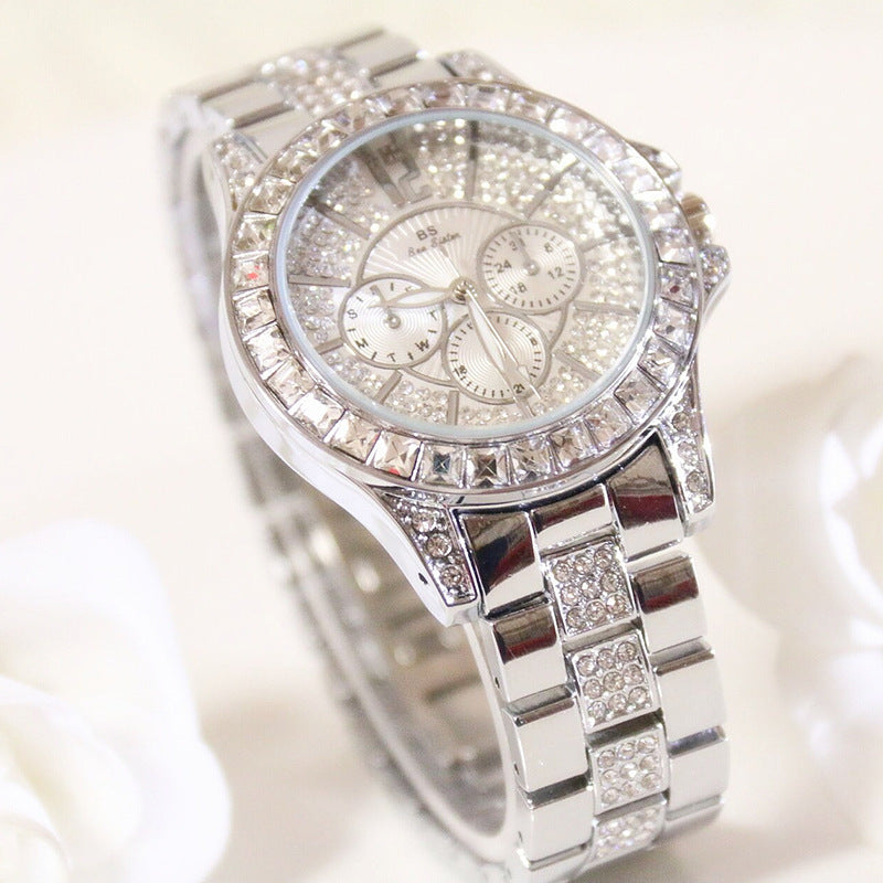 Three Eyes Full Diamond Crystal Large Dial Waterproof Quartz