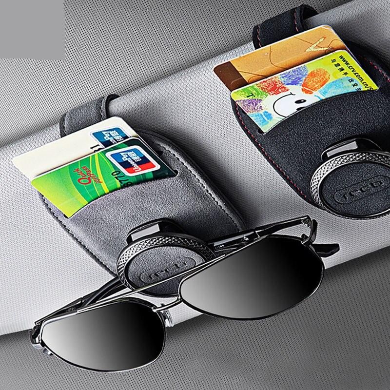 Universal Suede Leather Car Visor Sunglasses Holder with Multi-Clip Function