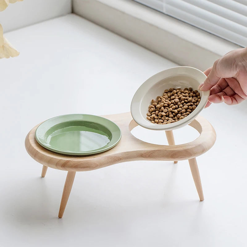 Elevated Cat and Small Dog Ceramic Food and Water Bowls with Wooden Stand