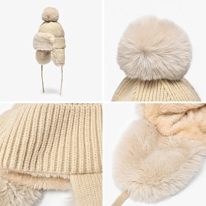 Women's Faux Fur Knitted Beanie with Adjustable Earflaps and Pompom