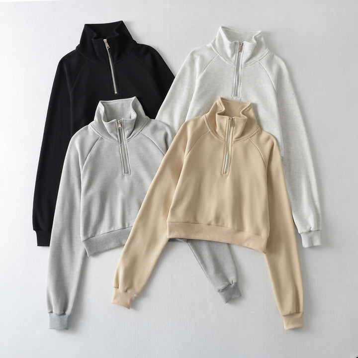 Europe And America INS Raglan Sleeve Stand Collar Half Placket Zipper Sweater