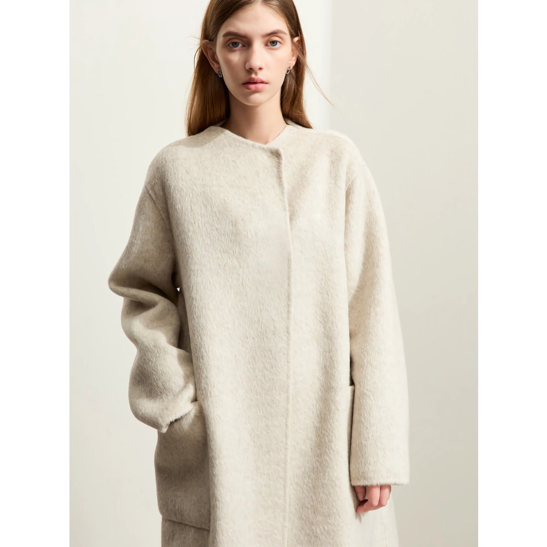 Minimalist Woolen Long Coat for Women - Warm Stand Collar Double-sided Jacket