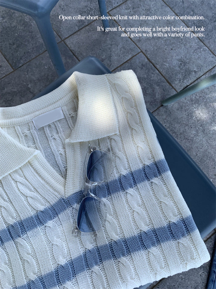 Lightweight Y-shaped Lapel Elegant Striped Vertical Striped Sweater