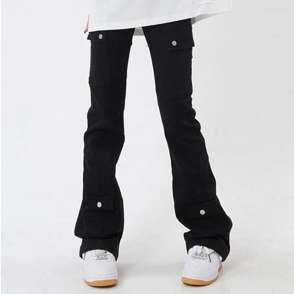 Slim Black Flare Pants: American Style Solid Color Chic Buttons Women's Jeans