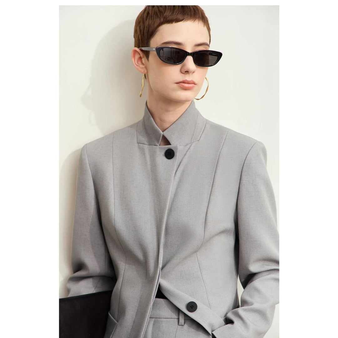 Women's Autumn Slim Tailored Coat with Stand Collar and Shoulder Pads