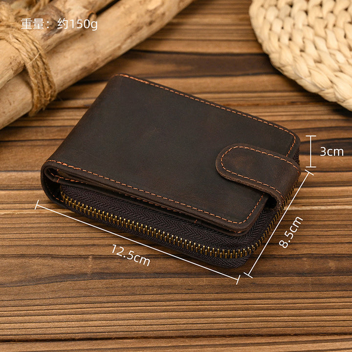 Men's Short Crazy Horse Leather Zipper Wallet