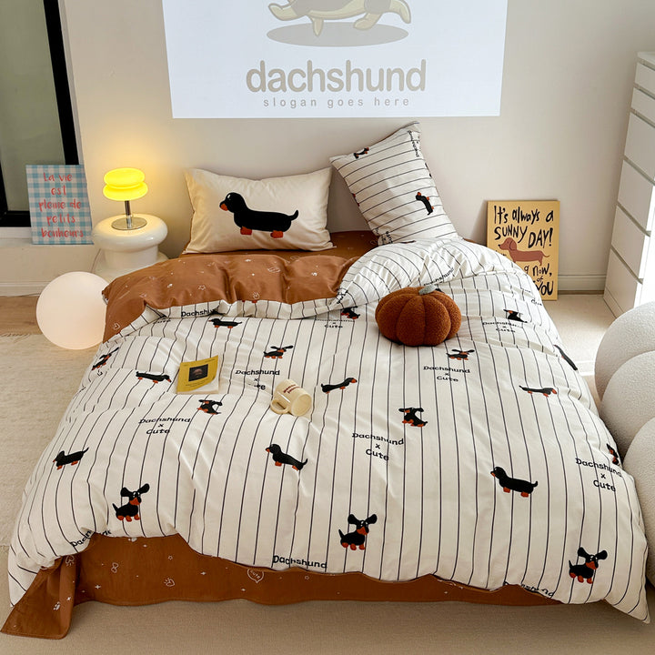 Cartoon Puppy Striped Four-piece Cotton Bedding Set