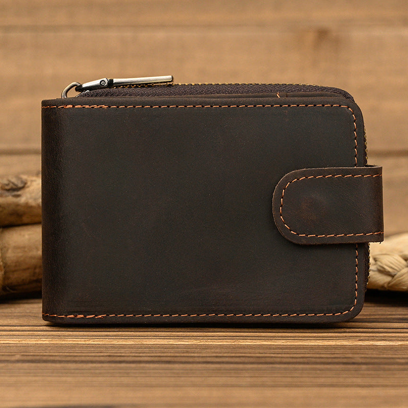 Men's Short Crazy Horse Leather Zipper Wallet