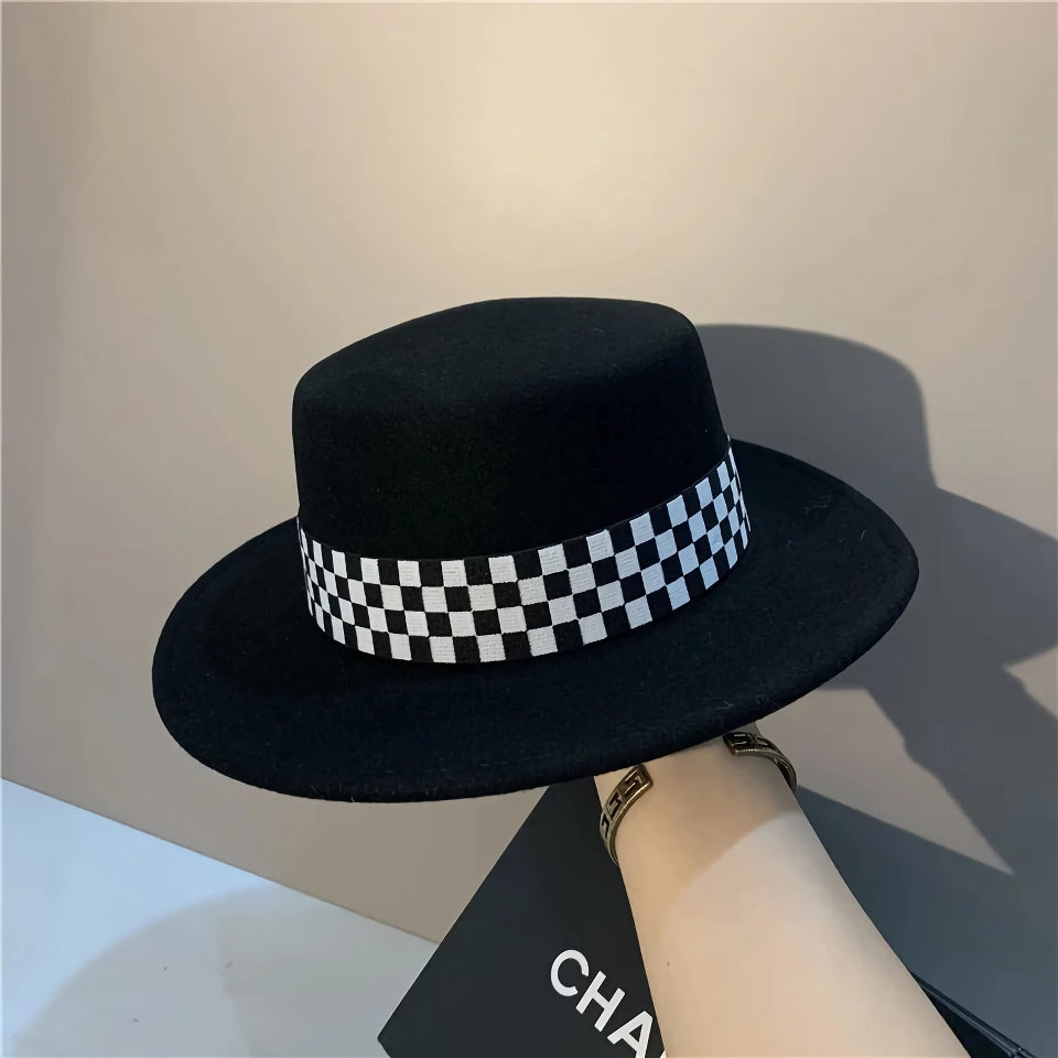 Checkerboard Wool Fedora Hat - Chic Autumn Winter Accessory