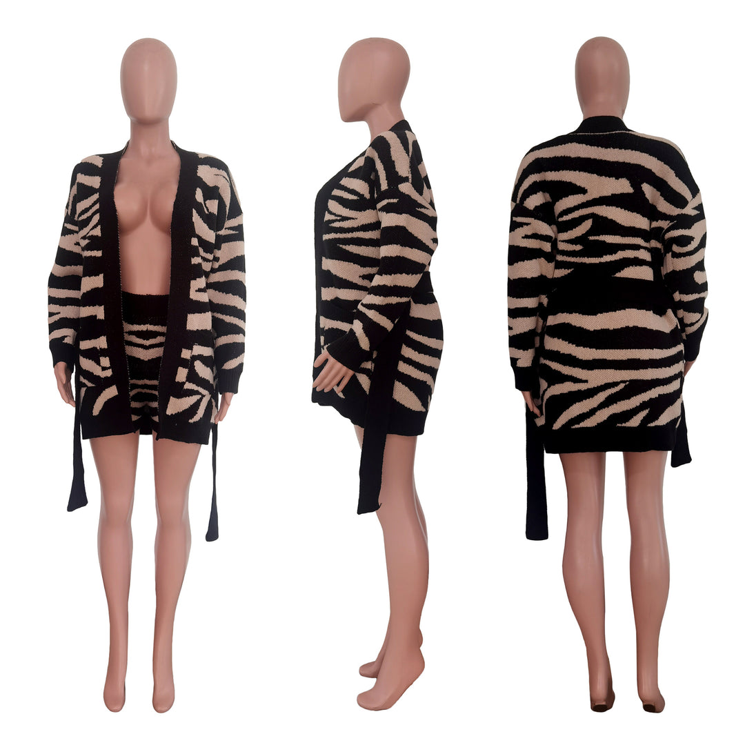 Women's Clothing Handmade Knitted Leopard-print Sweater Coat And Shorts Suit