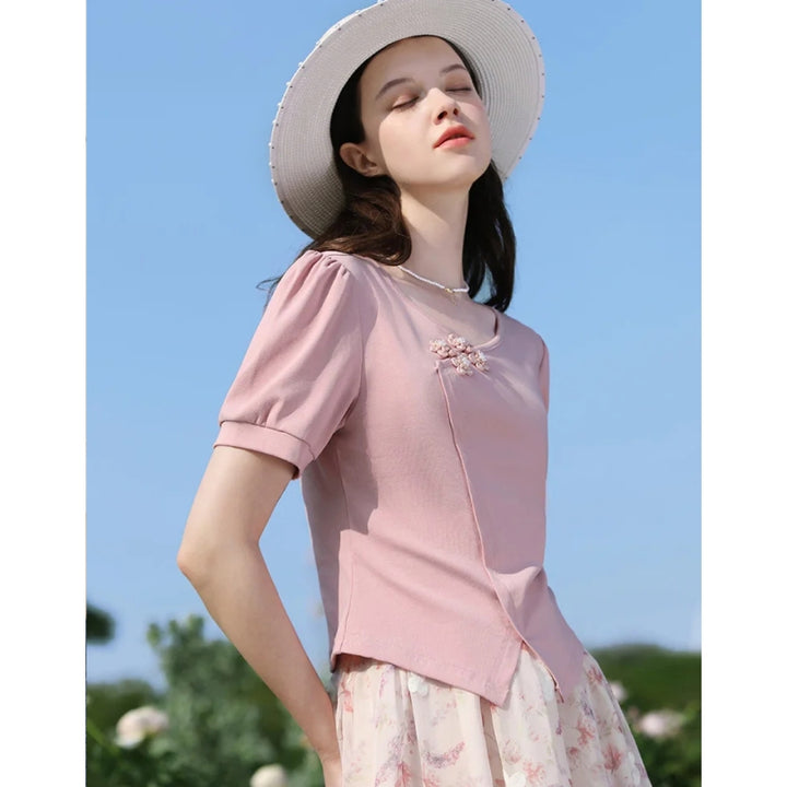 Elegant Chinese Style V-Neck Puff Sleeve T-Shirt