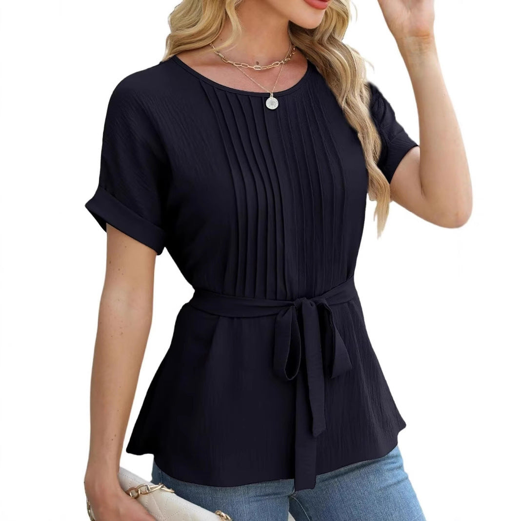 Casual Shirt Ruffled Pleated Round Neck Short Sleeve Top