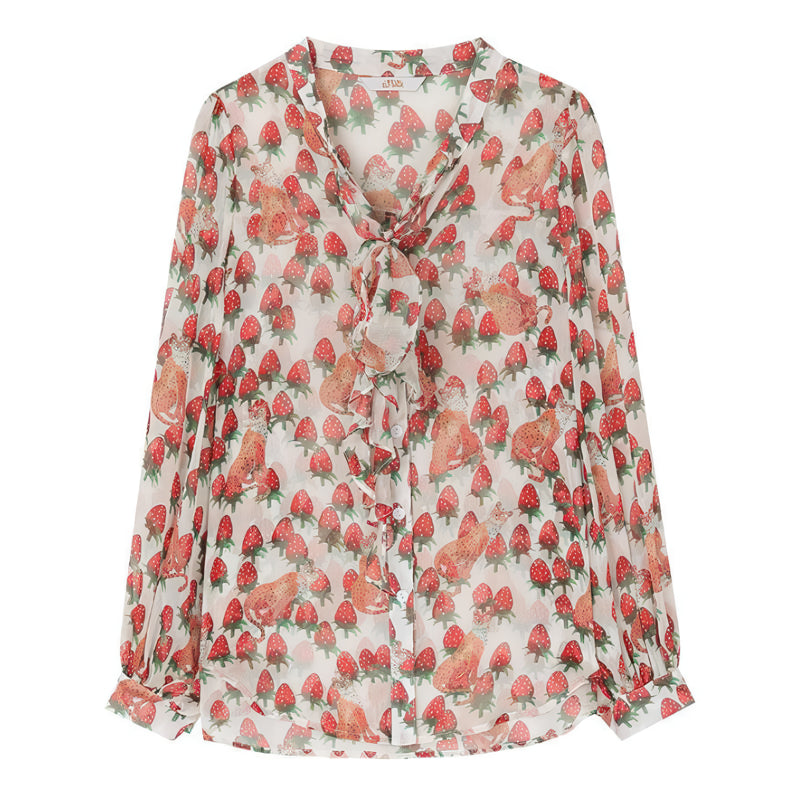 Colorful Floral Chiffon Blouse with Lantern Sleeves