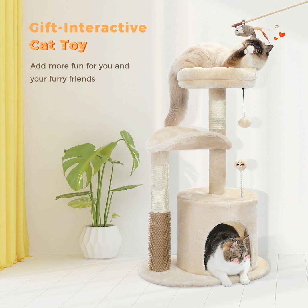 Cat Tree Condo with Self-Grooming Brush & Scratching Post for Active Kittens and Cats