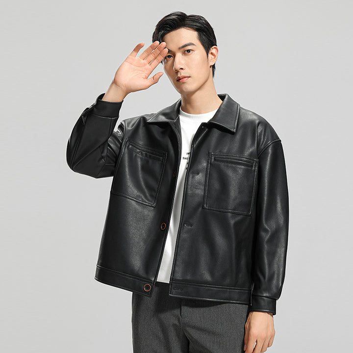 Fashion Youth Motorcycle Leather Coat Lapel Handsome Men's Jacket