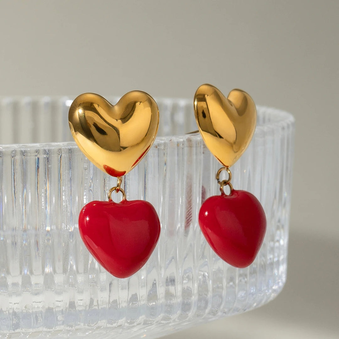 18K Gold Plated Red Heart Pendant Earrings for Women