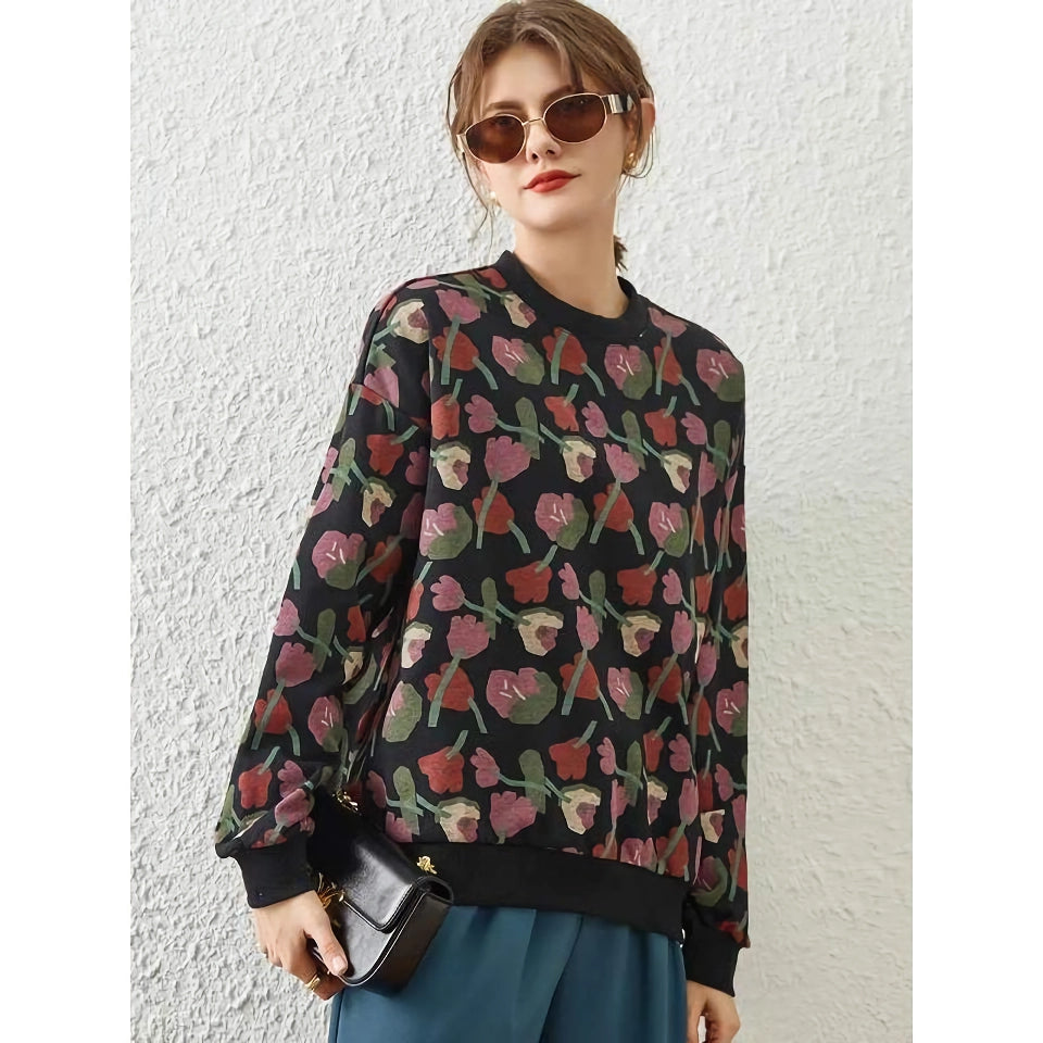 Sweatshirt Retro Floral Print Loose-Fit Pullover - Casual Style