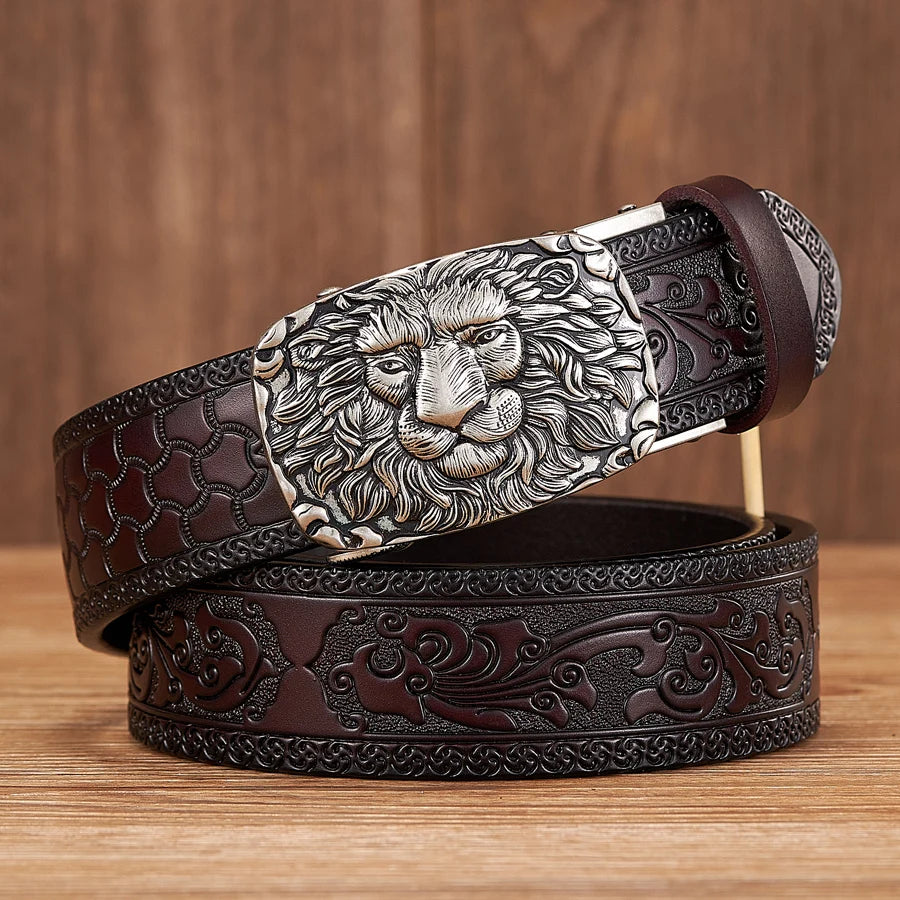 Men's 3.5CM Genuine Leather Belt with Lion Pattern & Automatic Buckle