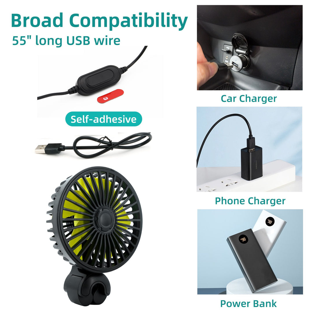 Portable Car Fan Cooler with USB and 3 Wind Settings