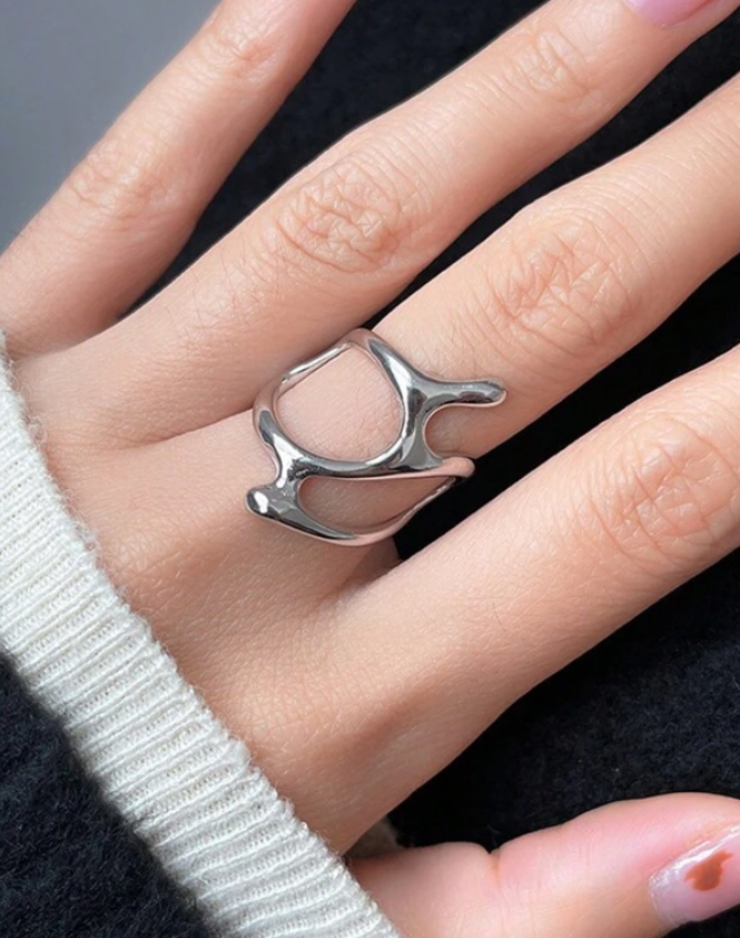 Irregular Hollow Silver Color Wide Ring