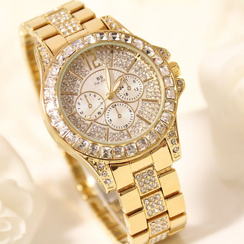 Three Eyes Full Diamond Crystal Large Dial Waterproof Quartz