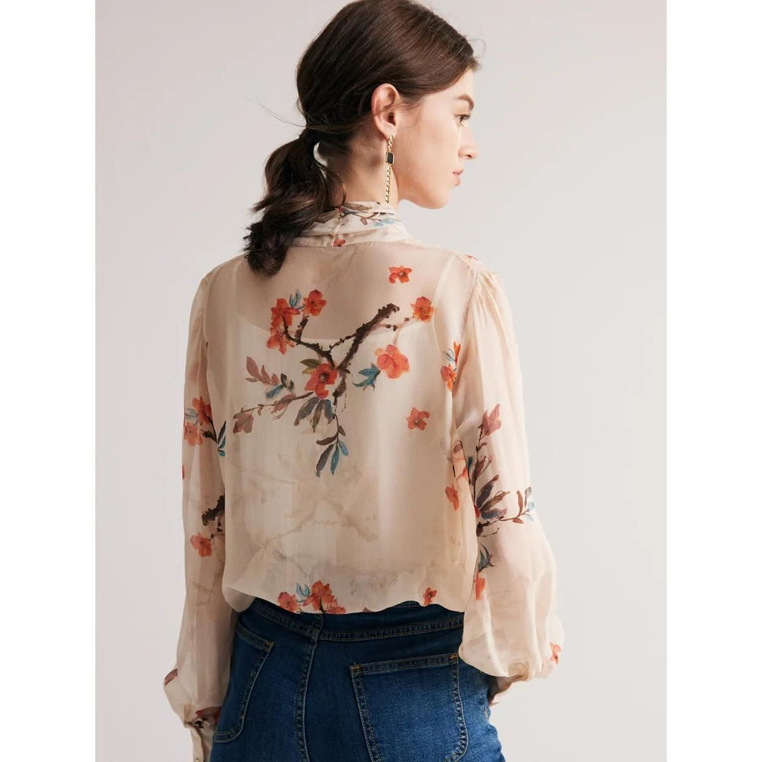 Elegant Floral Silk Blend Bow Collar Blouse