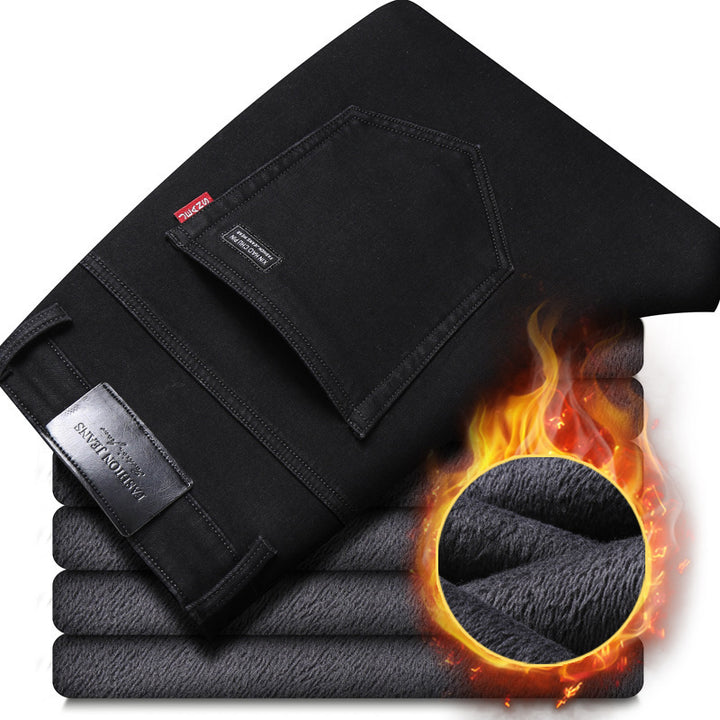 Winter Black Jeans Men's Fleece-lined Thickened