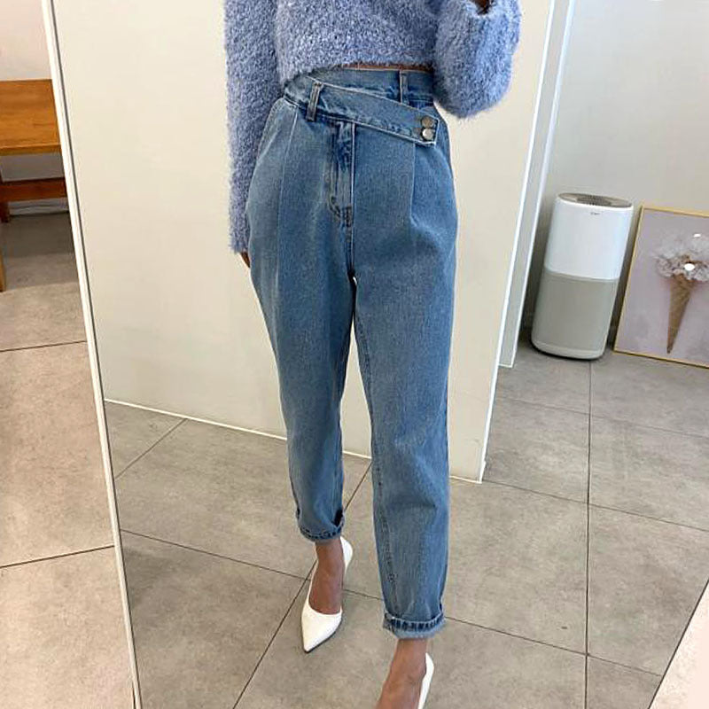 Retro High Waist Irregular Buckle Loose Casual Jeans