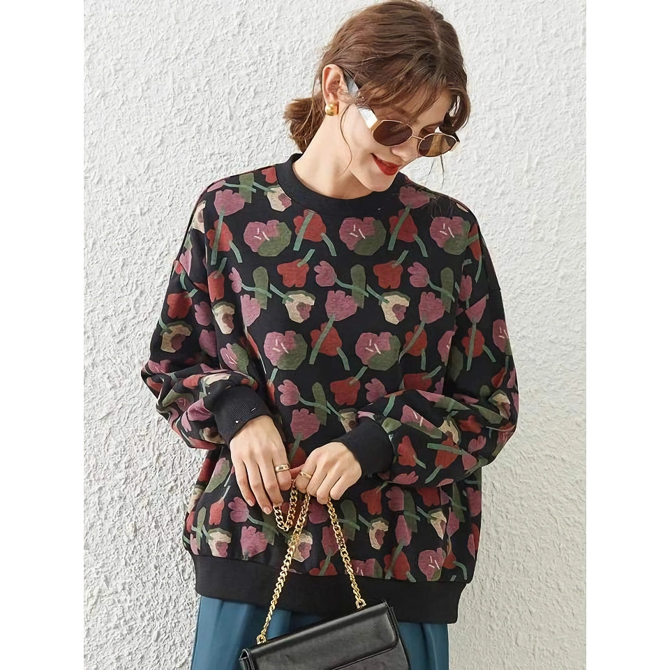 Sweatshirt Retro Floral Print Loose-Fit Pullover - Casual Style