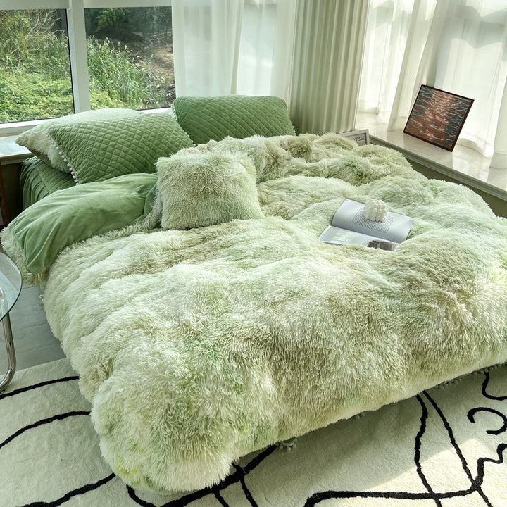 Milk Fiber Winter Mink Fur Bed Four-piece Long Wool Quilt Cover Coral Velvet Double-sided Plush Fleece-lined Quilted Bed Skirt Princess Style