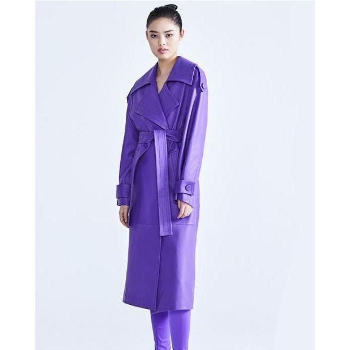 Elegant Purple Faux Leather Trench Coat