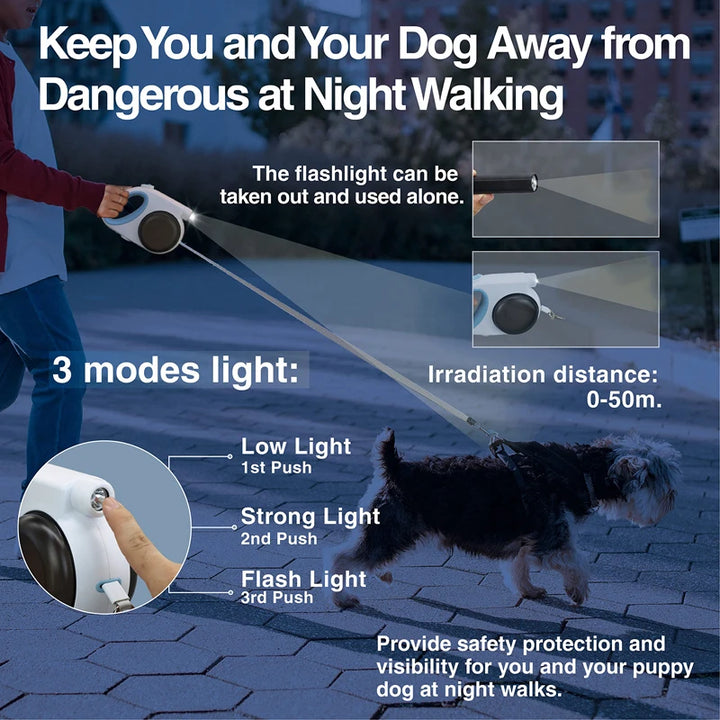 Retractable Dog Leash with Built-in Light, Water Bowl, and Food Box for Dogs up to 88lbs