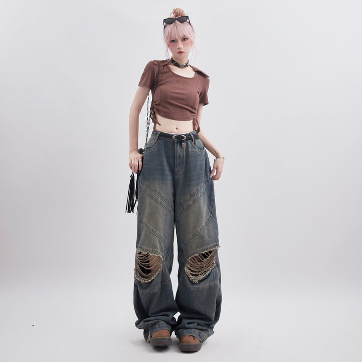 Women's Fashion Retro Characteristic Ripped Distressed Loose Casual Straight Trousers