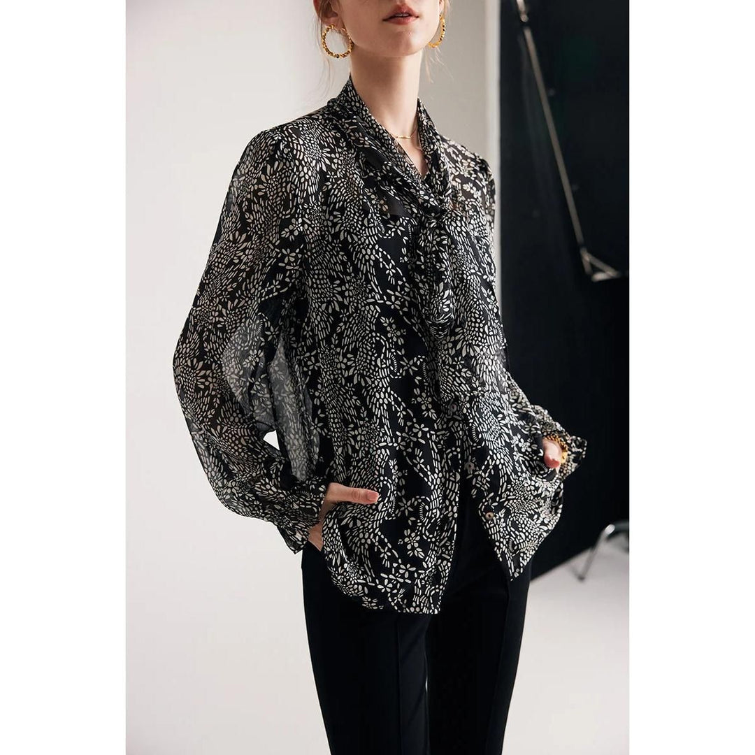 Elegant Black Printed Silk Blouse with Bow Collar