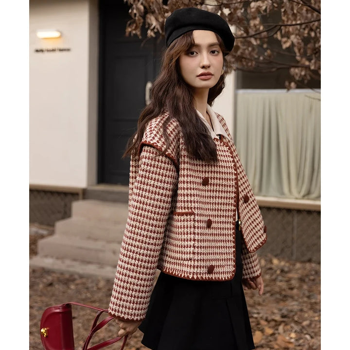 Elegant Plaid Wool Blend Short Coat for Women