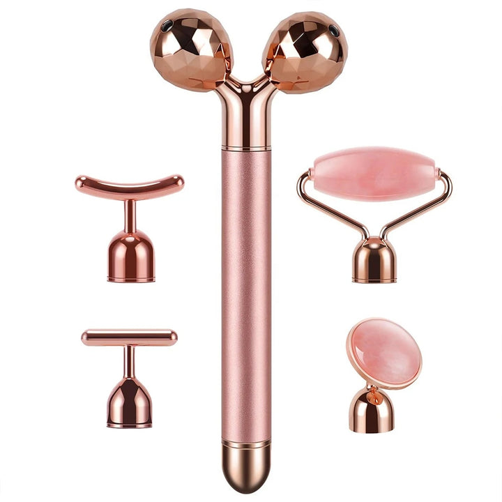 5-in-1 Gold Beauty Wand Face Massager with Rose Quartz Rollers