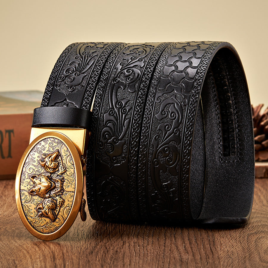 Men's 3.5CM Retro Leather Belt with Automatic Wolf Buckle