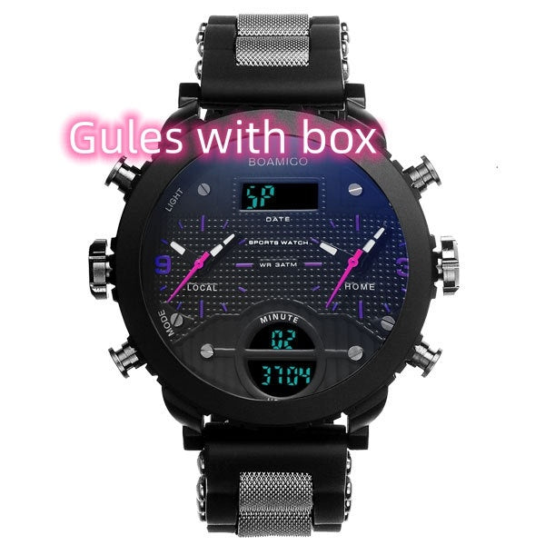 Men's watch electronic quartz double display watch 3 time zone waterproof watch