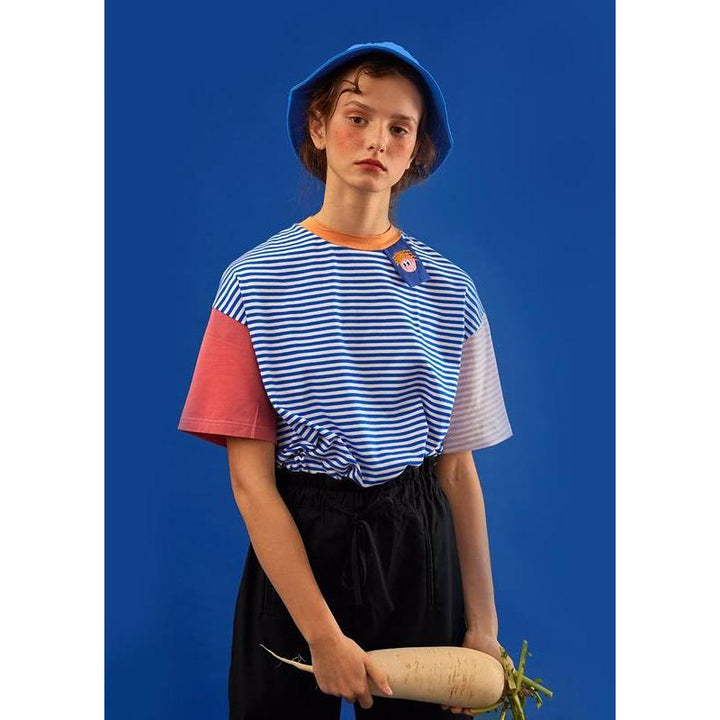 Summer Striped Loose-Fit T-Shirt with Cartoon Patch Detail